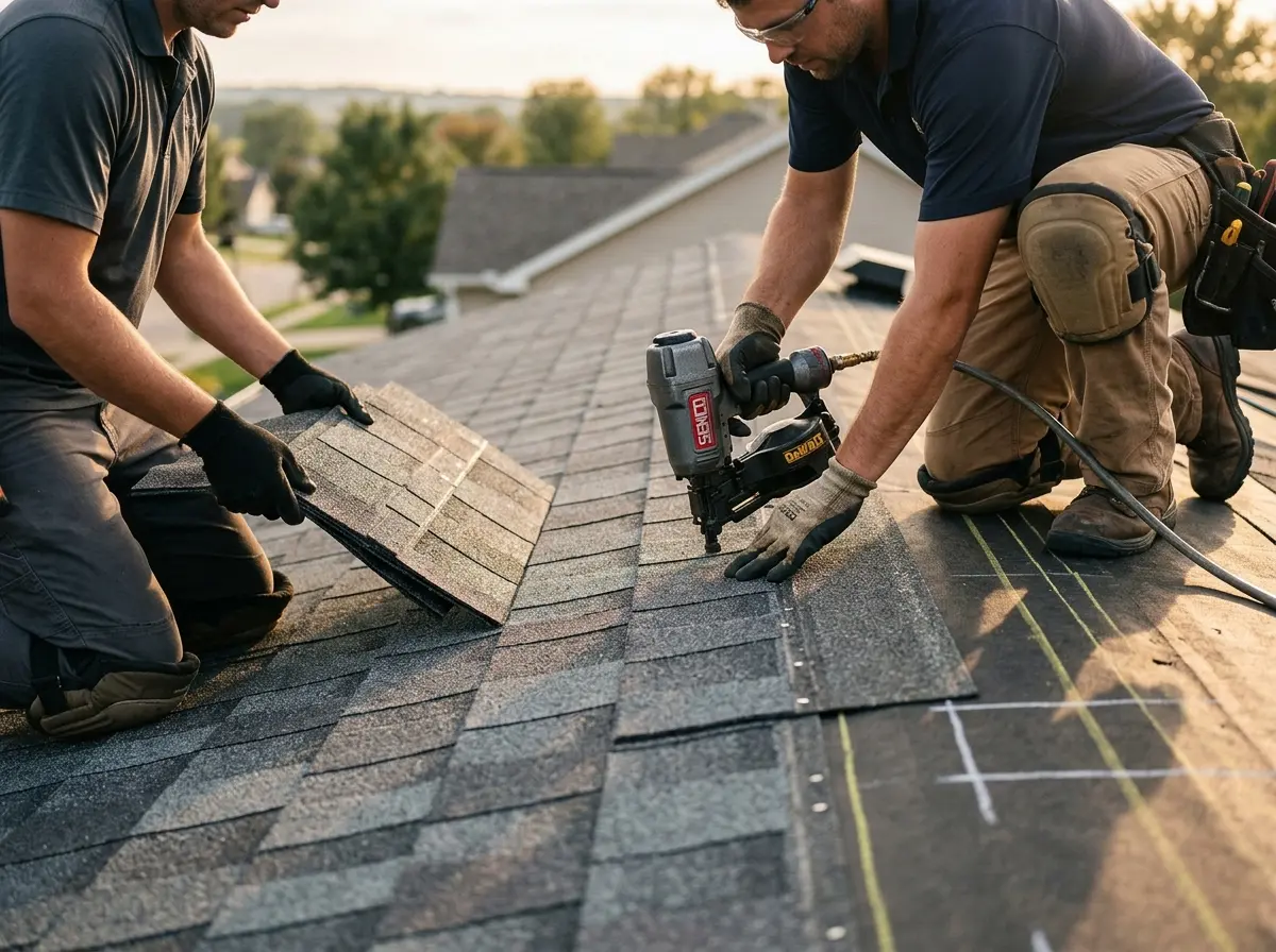 Professional roofer working on a residential roof in On Top of the World